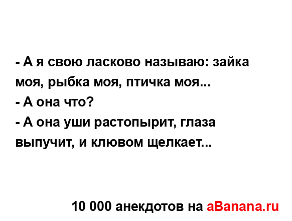 - А я свою ласково называю: зайка моя, рыбка моя, птичка...