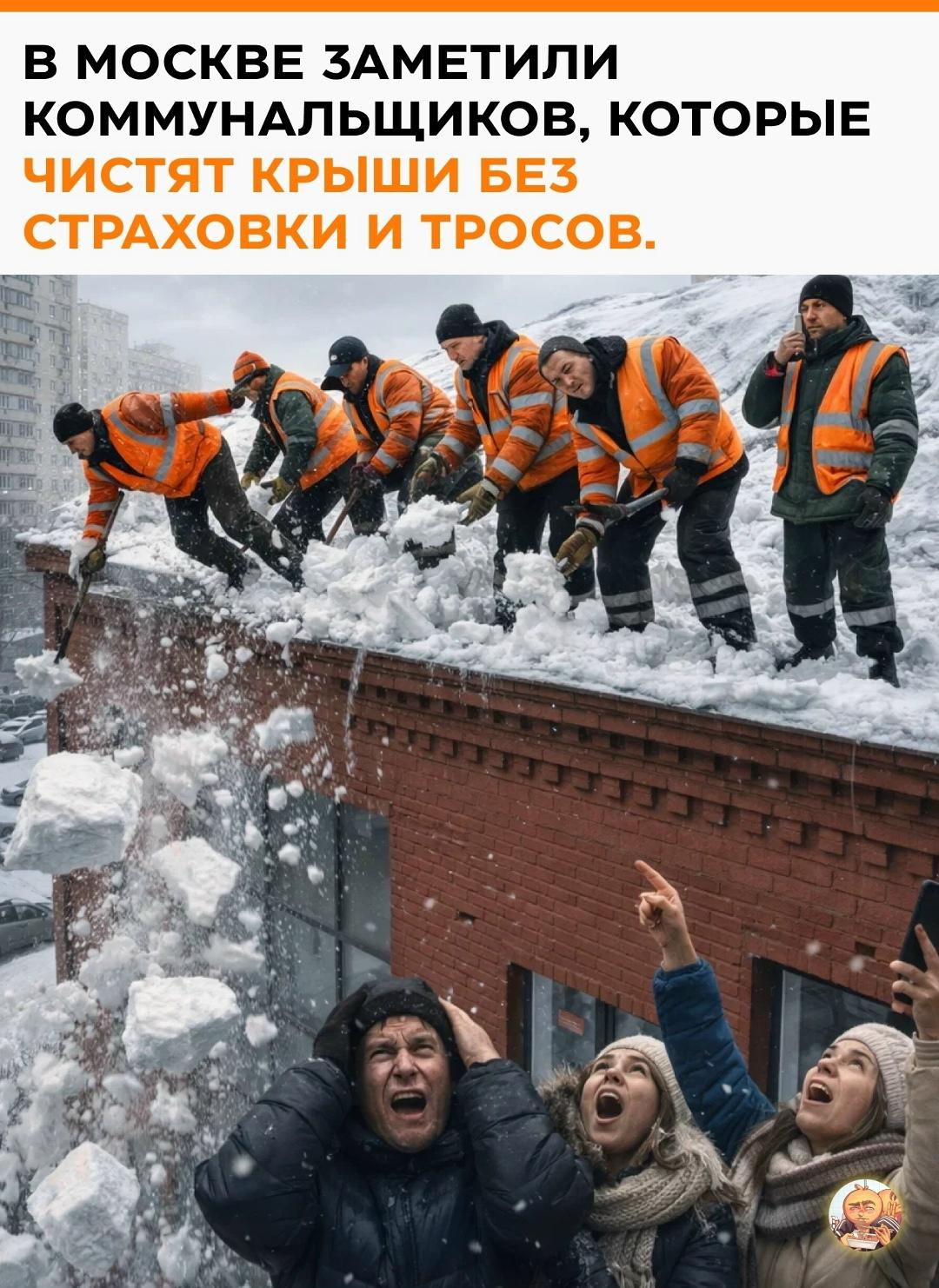 Мужчины сбрасывают сугробы прямо с высоты, будто это обычный рабочий день.