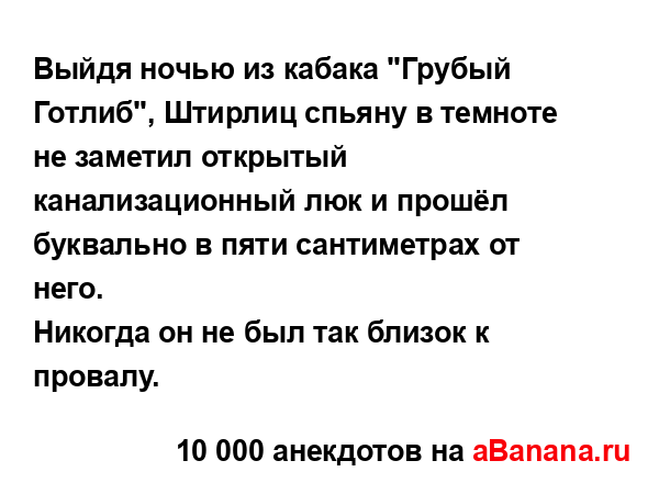 Выйдя ночью из кабака "Грубый Готлиб", Штирлиц спьяну в...