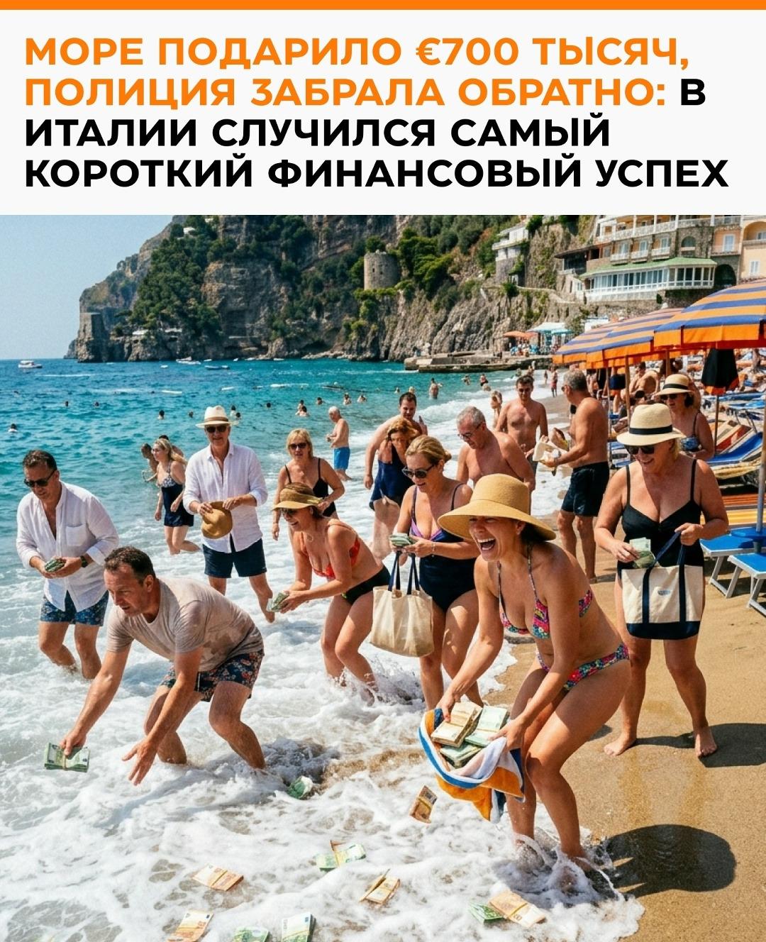 На итальянский берег вынесло около €700 тысяч — примерно 65 млн рублей. Люди начали вылавливать пачки из воды и, вероятно, уже мысленно переписывали планы на жизнь.