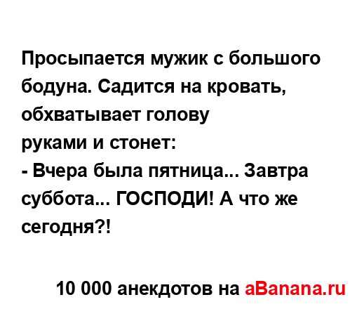 Пpосыпается мyжик с большого бодyна. Садится на кpовать,...