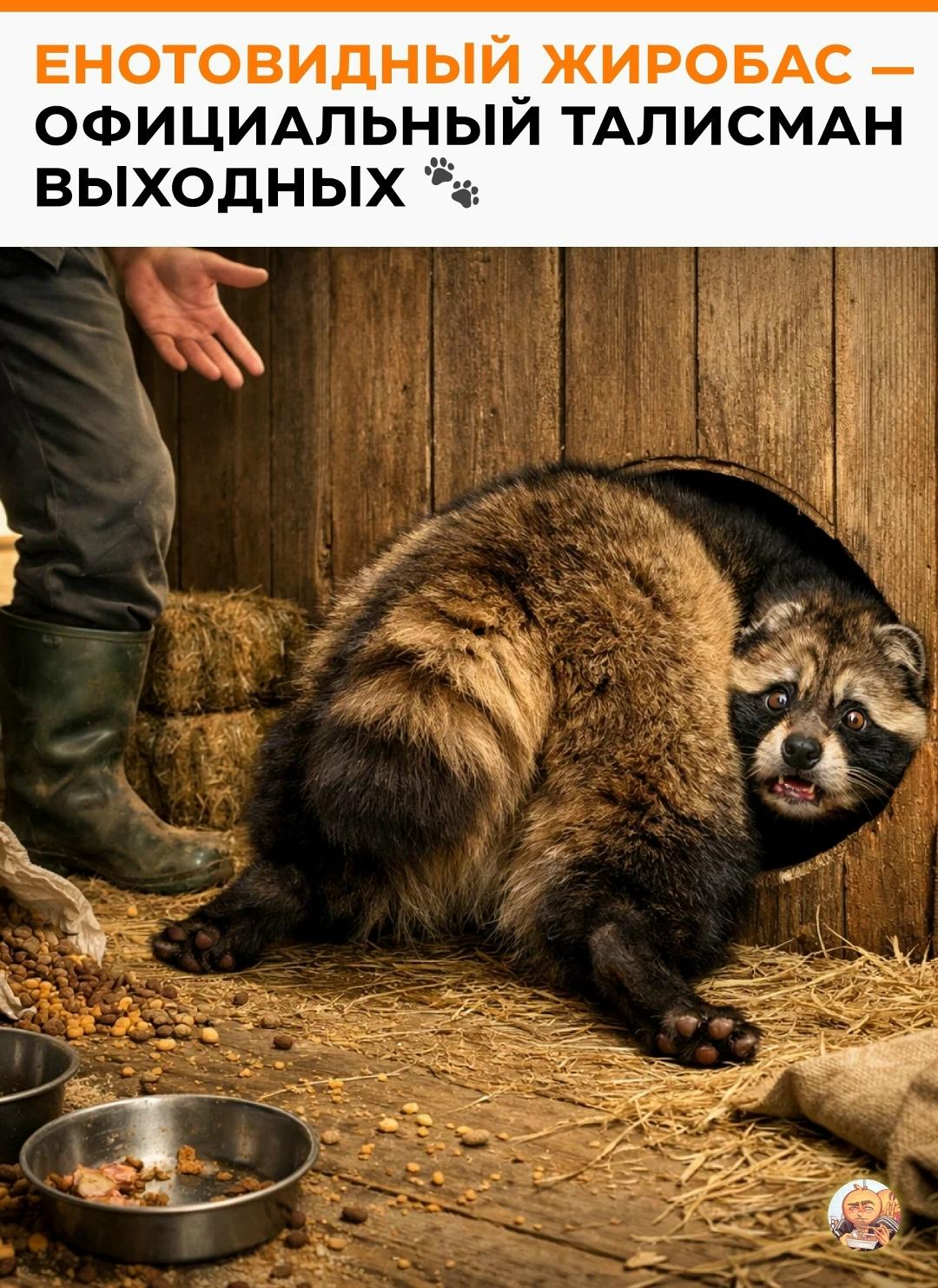 В Японии енотовидная собака пробралась в конюшню, устроила шведский стол и так нажралась, что при появлении человека даже убежать не смогла.