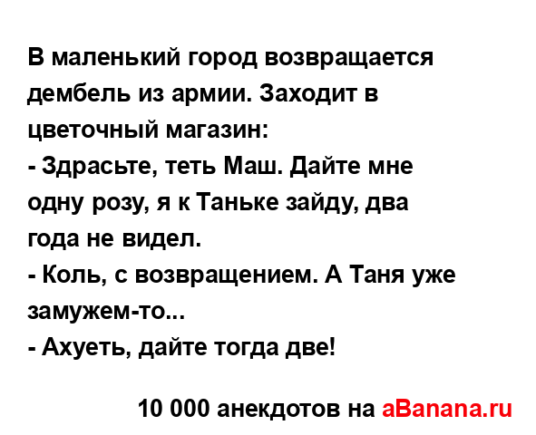 В маленький город возвращается дембель из армии....