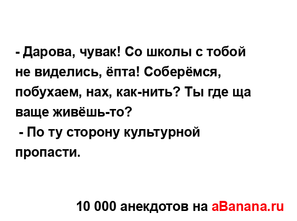 - Дарова, чувак! Со школы с тобой не виделись, ёпта!...