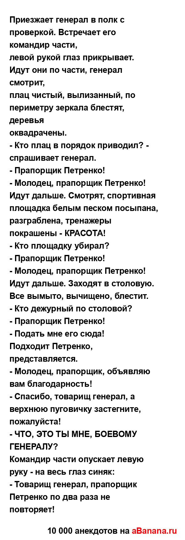 Приезжает генерал в полк с проверкой. Встречает его...