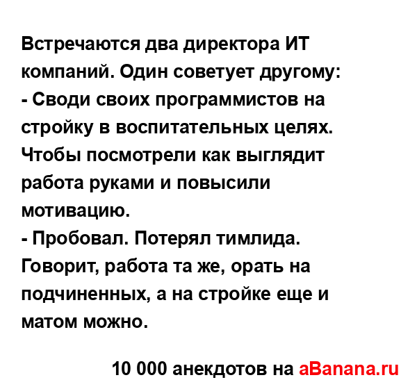 Встречаются два директора ИТ компаний. Один советует...