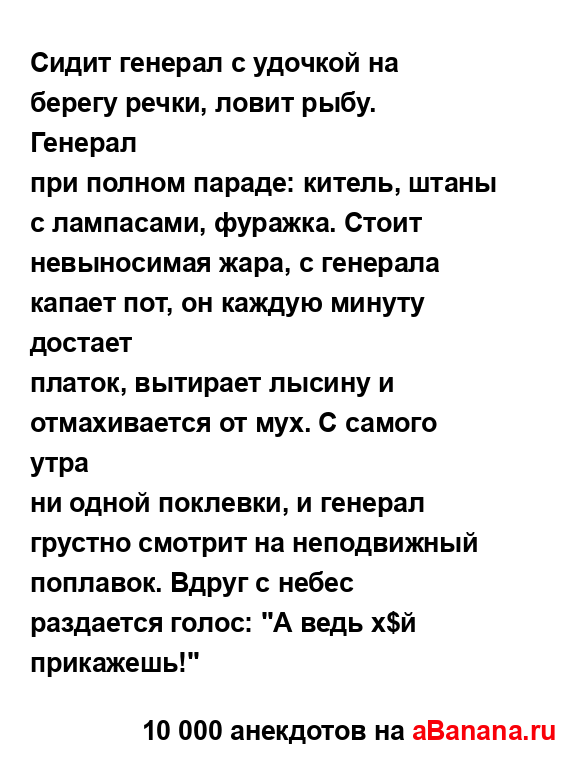 Сидит генерал с удочкой на берегу речки, ловит рыбу....