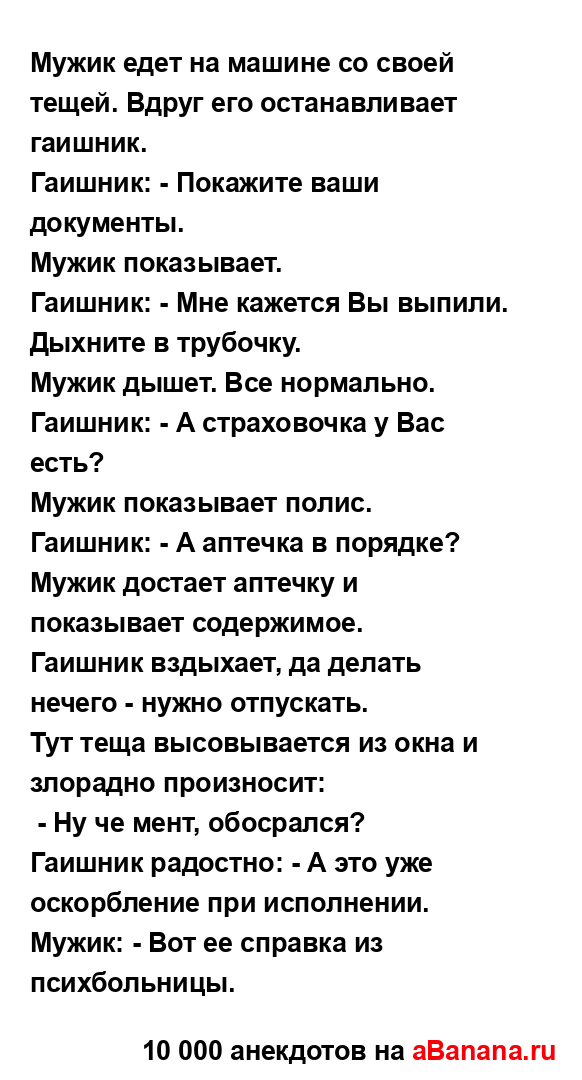 Мужик едет на машине со своей тещей. Вдруг его...