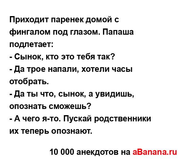 Приходит паренек домой с фингалом под глазом. Папаша...