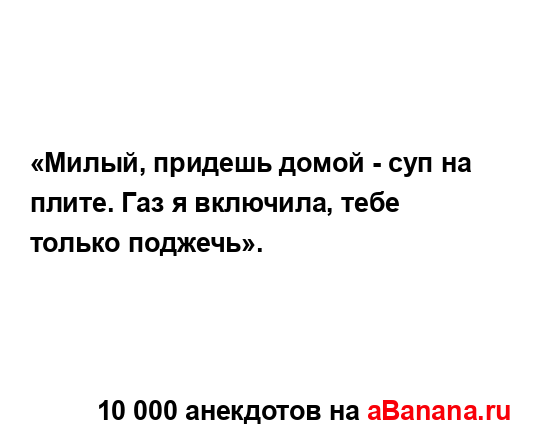 «Милый, придешь домой - суп на плите. Газ я включила,...