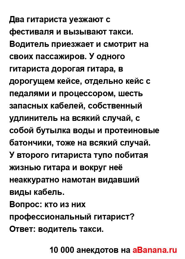 Два гитариста уезжают с фестиваля и вызывают такси....