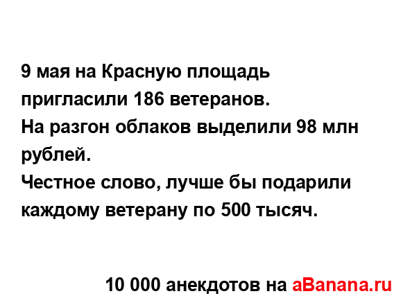9 мая на Красную площадь пригласили 186 ветеранов. 
...