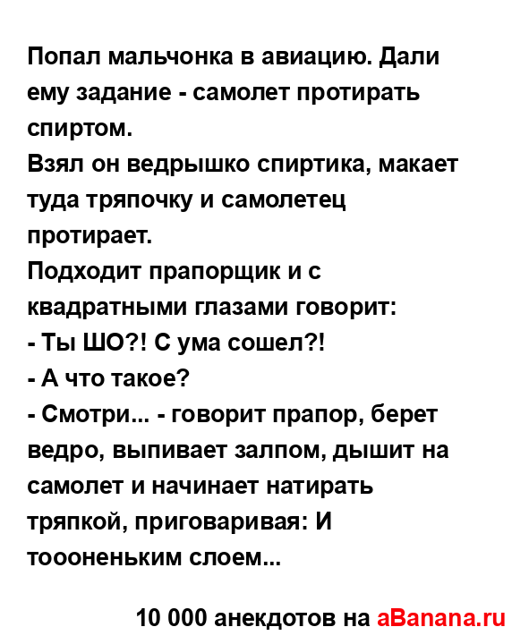 Попал мальчонка в авиацию. Дали ему задание - самолет...