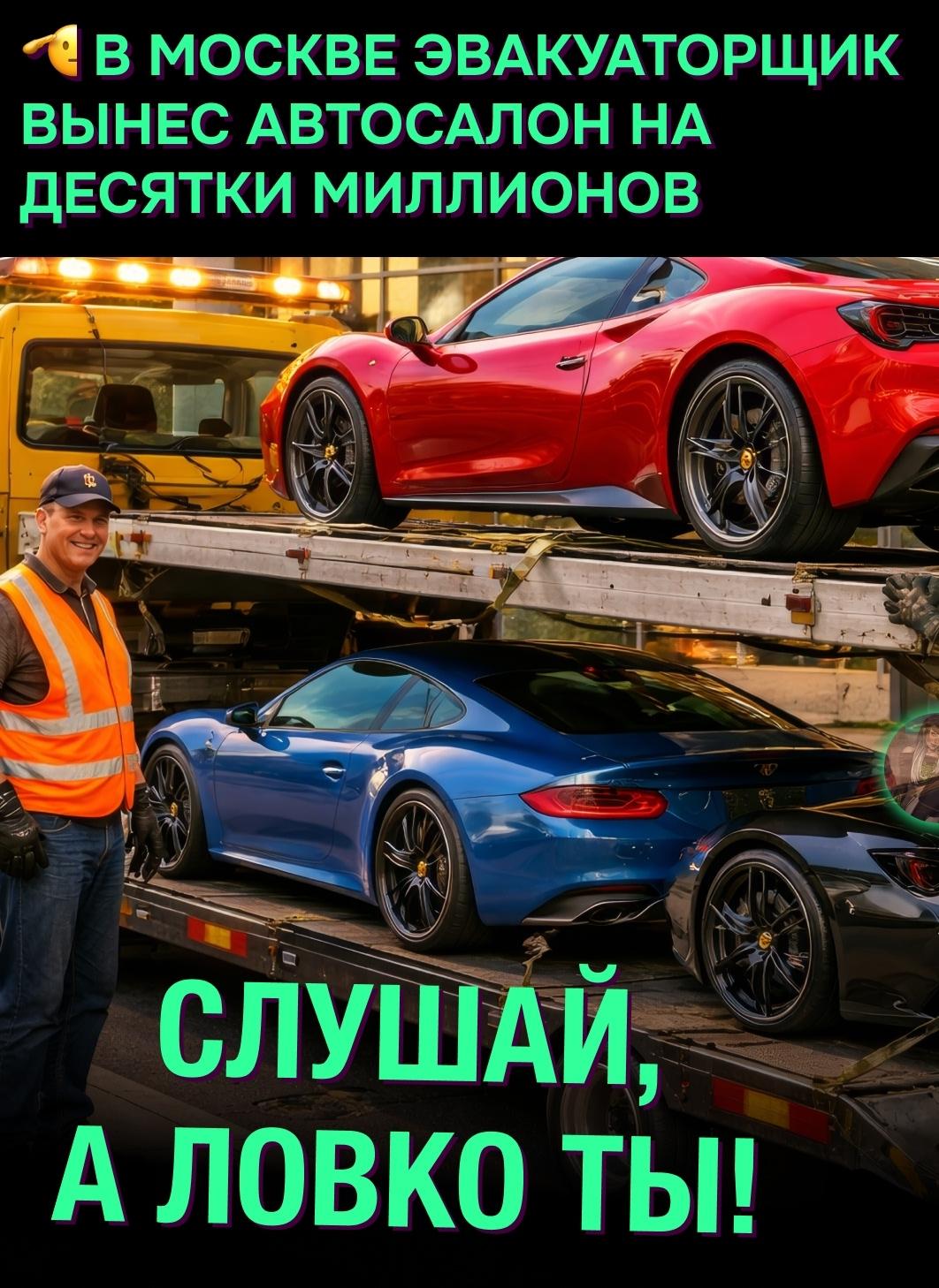 😅 В Москва мужчина на эвакуаторе вывез из автосалона 26 иномарок на сумму около 64 млн рублей.