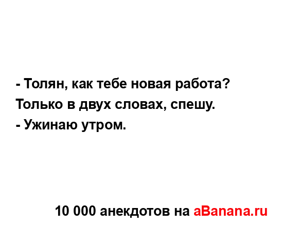 - Толян, как тебе новая работа? Только в двух словах,...