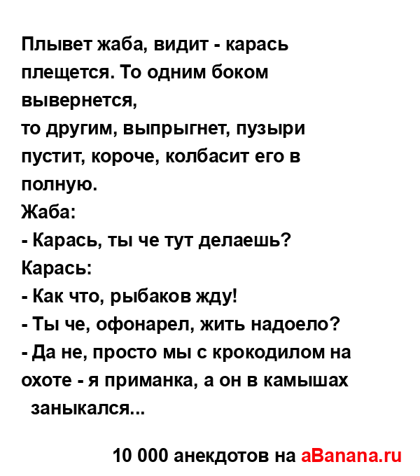 Плывет жаба, видит - карась плещется. То одним боком...