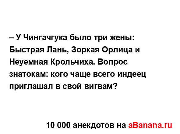 – У Чингачгука было три жены: Быстрая Лань, Зоркая...