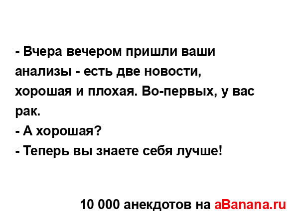 - Вчера вечером пришли ваши анализы - есть две новости,...