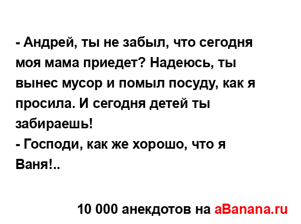 - Андрей, ты не забыл, что сегодня моя мама приедет?...