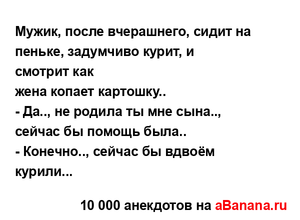 Мужик, после вчерашнего, сидит на пеньке, задумчиво...