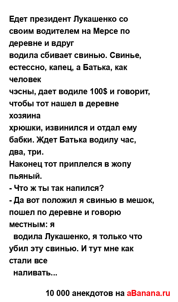 Едет президент Лукашенко со своим водителем на Мерсе...