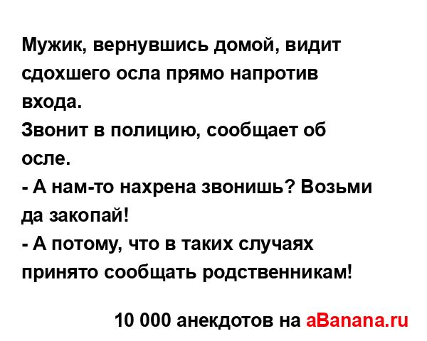 Мужик, вернувшись домой, видит сдохшего осла прямо...