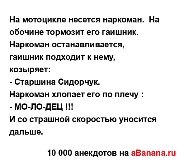 Hа мотоцикле несется наpкоман.  Hа обочине тоpмозит его...