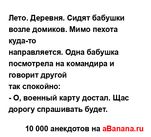 Лето. Деревня. Сидят бабушки возле домиков. Мимо пехота...